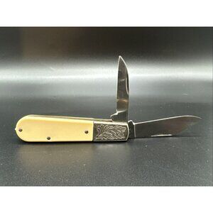 1970's Bayes USA Yellow Smooth Cream Delrin Bolster Two Blade Folding Knife